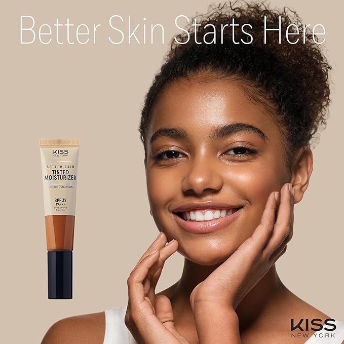 KISS NEW YORK Tinted Moisturizer with SPF 32 PA+++ (Cappuccino) 12 Hour Hydrating Sunscreen for Face, No White Cast for Dark Skin Tone, Natural Finish, Medium Coverage with Hyaluronic Acid, Vitamin E