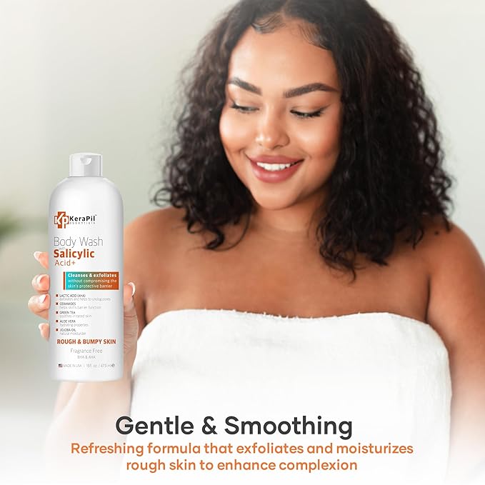 KERAPIL Exfoliating Body Wash With Salicylic Acid - Gentle Exfoliates Rough and Bumpy Skin, KP and Acne, with BHA & AHA - Unscented Body Wash, Made in USA - (16 fl oz)