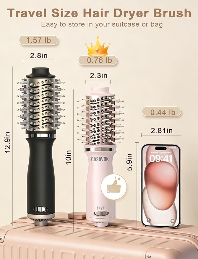 Dual Voltage Hair Dryer Brush for Travel, 4 in 1 Mini Hot Air Brush Blow Dryer Brush for Short Hair, 2 Inch Oval Curling Straightener Volumizer, 120-240V Dual Voltage with EU/UK Adapters, Pink