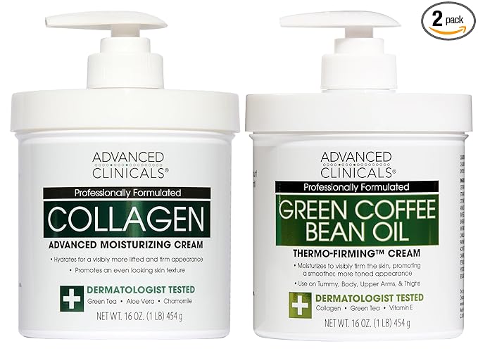 Advanced Clinicals Unscented Collagen Body Cream & Face Moisturizer + Green Coffee Bean Oil Thermo - Firming Body Cream For Women & Men Helps Reduce Appearance Of Cellulite Prone Skin & Dry Skin, 2pc