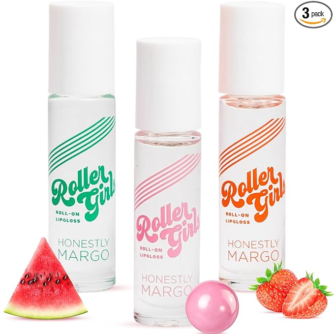 Honestly Margo Roller Girl Roll-On Lip Gloss Set (Strawberry Amber, Watermelon Alexis, Bubblegum Destiny - Pack of 3) – Lip Gloss for Women with Hydrating Vitamin E & Moisturizing Shine, Non Stick