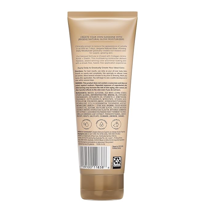 Jergens Natural Glow +Firming Self Tanner Body Lotion, Medium to Deep Skin Tone, Sunless Tanning Moisturizer with Collagen and Elastin, Helps to Visibly Reduce Cellulite, 7.5 Oz, Pack of 2