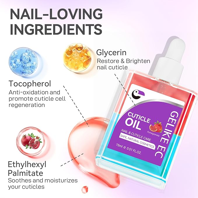Gelike EC Nail Cuticle Oil - Pomegranate Scent Dual Color Nail Moisturizing With Natural Jojoba Vitamin B & E for Nail Bed ＆ Damaged Nails Repair Treatment - Cuticle Cream for Nail Growth and Strength