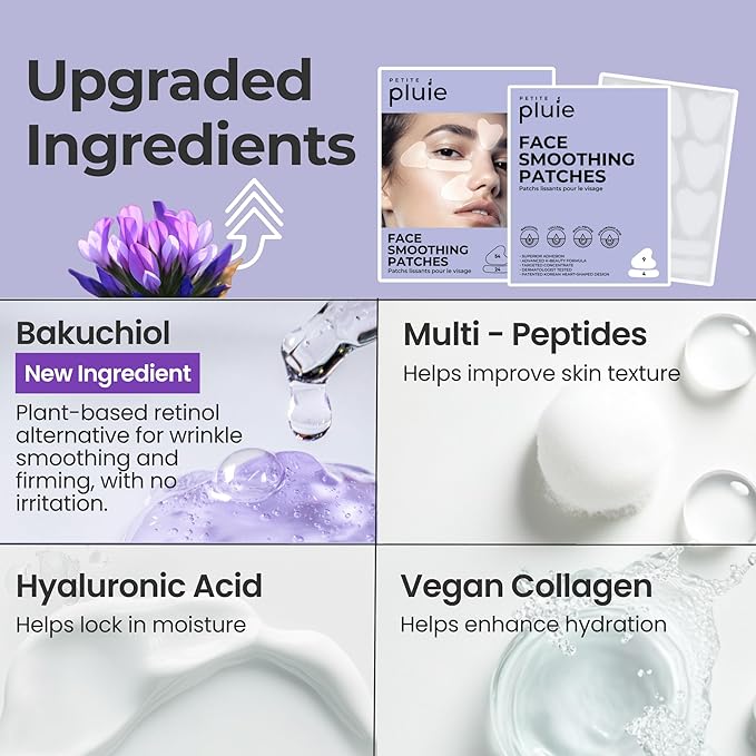 PETITE PLUIE Face Smoothing Wrinkle Patches (78 Count) | Overnight K-Beauty Anti Aging Skincare with Bakuchiol, Collagen & Peptides | For Frown Lines, Crow's Feet & Smile Lines | Made in Korea