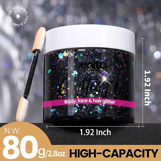 Teenitor 80g Body Glitter Face Glitter Gel, Holographic Black Hair Glitter for Kids, Face Glitter for Women, Rave, Makeup, Festival, Eye, Hair Glitter Gel for Halloween