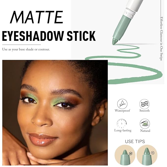 Green Eyeshadow Stick, Cream Eye Shadow Stick Matte Finish Waterproof Long Lasting Multi-Use Eyeliner Pencil, Smooth High Pigmented Blendable Precision Eye Crayon Makeup with Built-in Sharpener