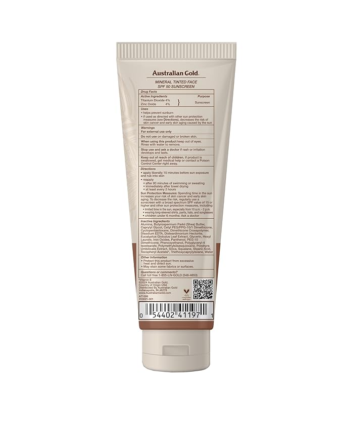 Australian Gold SPF 50 Tinted Mineral Face Sunscreen, Rich to Deep, 2.5 fl oz, Broad Spectrum, Non-Greasy BB Cream with Blue Light & Sun Protection, 4% Zinc Oxide & Titanium Dioxide, Hypoallergenic