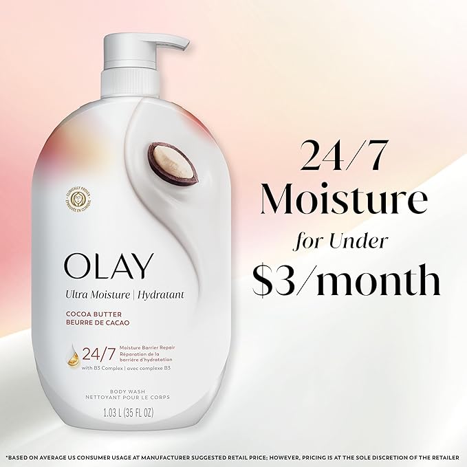 Olay Body Wash for Women, Ultra Moisture, 24/7 Moisture Barrier Repair, Hydrating Formula for Visibly Healthy Soft Skin, Vitamin B3 & Hyaluronic Blend, For All Skin Types, Cocoa Butter Scent, 35 fl oz
