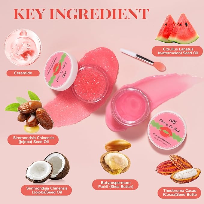 Hydrating Lip Mask Set, Lip Scrub & Lip Butter, Overnight Lip Treatment Set Enriched With Ceramide, Watermelon and Shea Butter, For A Softer & Smoother Lips, Overnight Lip Mask Gifts Kit