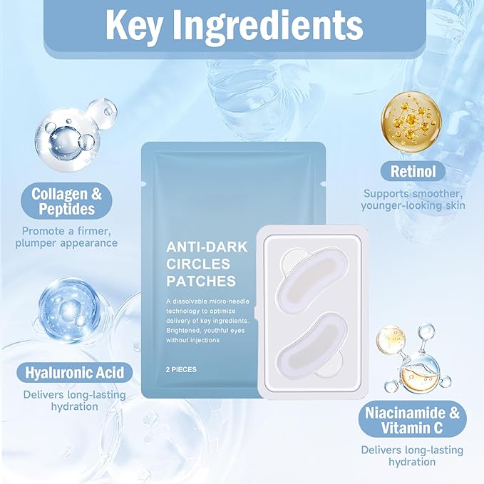 Dissolvable Microneedle Eye Patches for Dark Circles | 1 Pair | Under Eye Mask with Hyaluronic Acid & Retinol | Needle-Free Treatment for Puffiness & Fine Lines