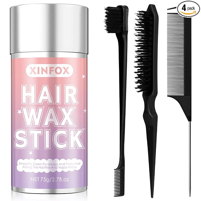 Hair Wax Stick, Slick Back Hair Brush, Wax Stick for Flyaways, Rat Tail Comb Edge Brush Styling Tool Set Accessories for Women Girls(Black)