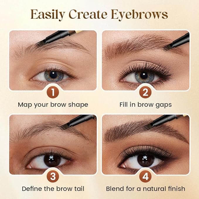 2Pcs 4-Tip Microblading Liquid Eyebrow Pen, Creates Natural Hair-Like Strokes, Waterproof Long-Lasting Smudge-Proof Brow Pen, Light Brown Eyebrow Pencil for Women (Deep Brown)