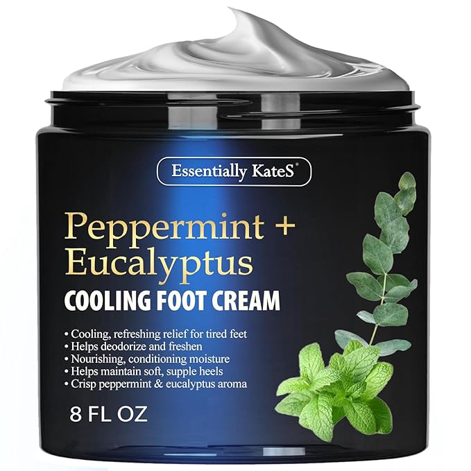 Essentially KateS Peppermint + Eucalyptus Cooling Foot Cream 8 Fl Oz – Relieves Dry, Cracked, Tired Feet – Deep Hydration with Ceramides – Non-Greasy Formula