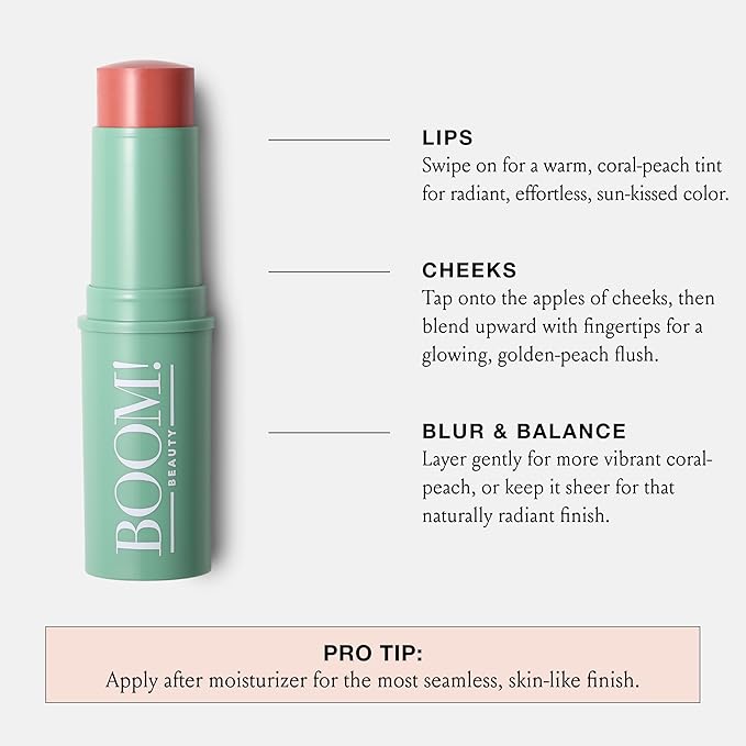 Boomstick Gloden Peach® - Warm, Coral-Peach Blush Stick and Lipstick - Multistick, Vegan, Makeup for Older Women and Mature Skin Boom Stick By Cindy Joseph