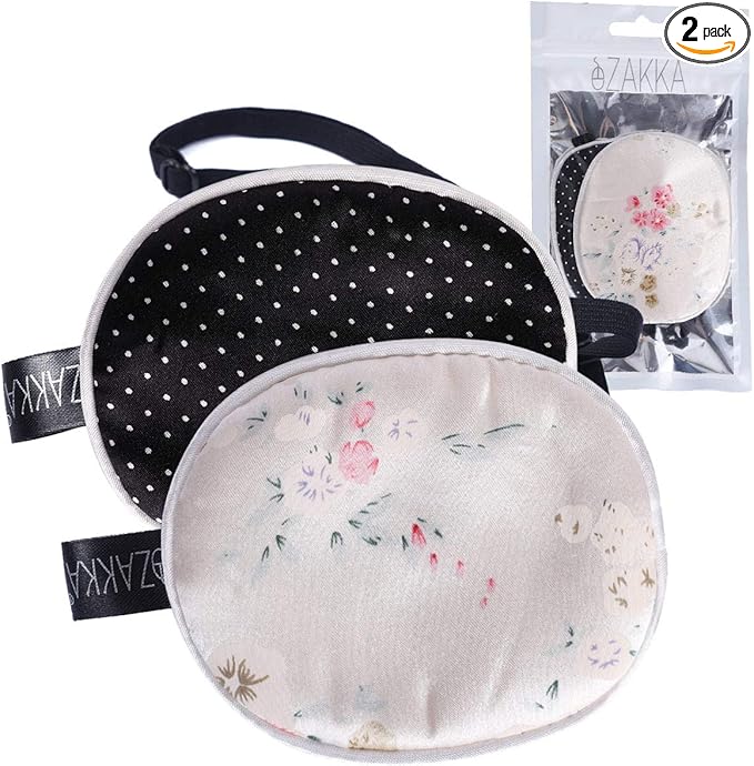 eZAKKA 2 Pieces Silk Eye Patch Medical Eye Patch for Adult Women Elastic Lazy Adjustable Single Eyepatch with Elastic Strap (L, Floral+Black Polka Dots)