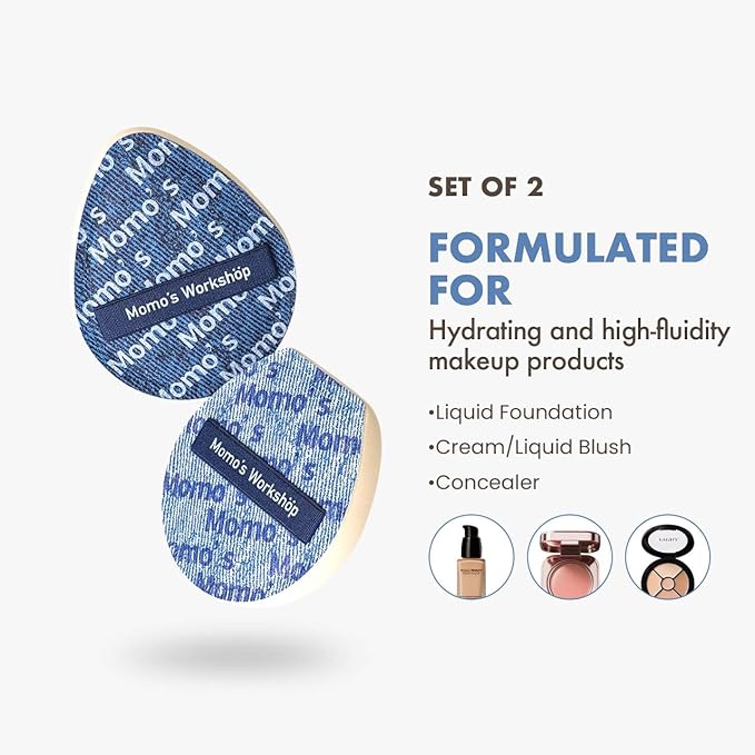 Momo's Workshop Blue Denim Makeup Sponges,Super Soft Blenders for Liquid Foundation, Dual Design (Egg + Flat Edge), Natural Skin-Like Finish, Makeup Puffs for Blending,Travel Friendly,2pcs