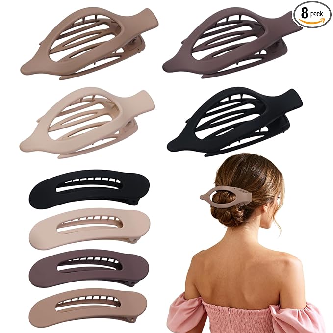 8 Pack Flat Hair Clips for Women – Matte Neutral Claw Clips & Flat Hair Pins Barrettes Set in Black, Blonde,Light Brown & Dark Brown for Thick & Thin Hair