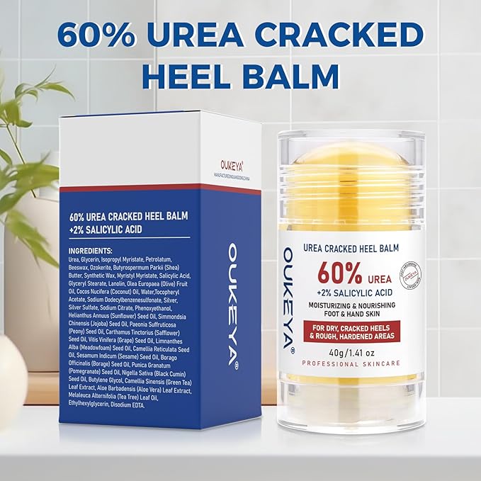 OUKEYA 60% Urea Stick with 2% Salicylic Acid, Maximum Strength Urea Cream 60 Percent for Feet, Exfoliating Moisturizer for Dry Cracked Heels, Hands, Knees - 1.41oz