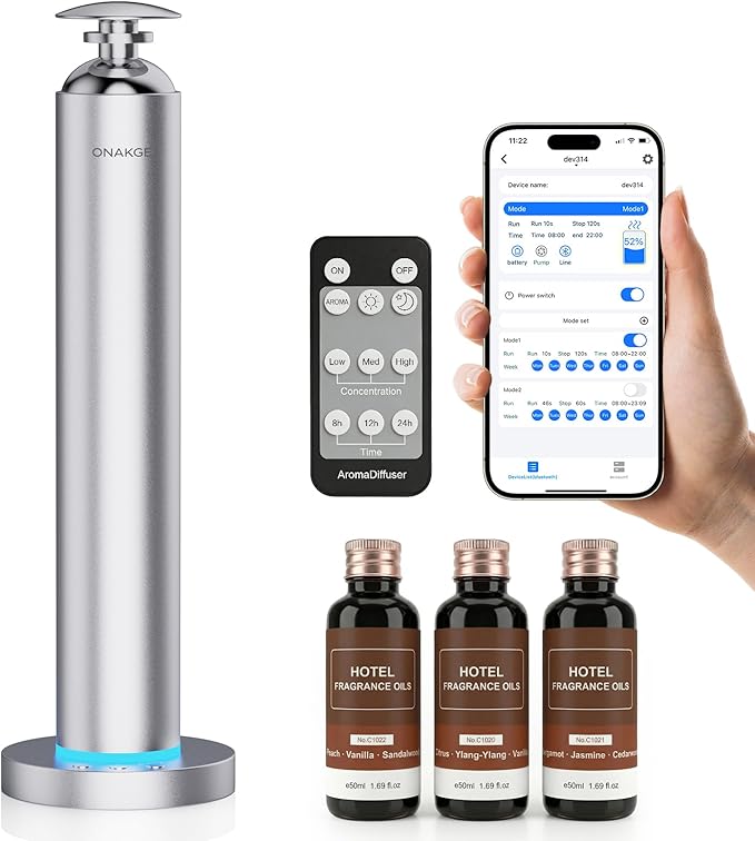 Waterless Aroma Diffuser, 8000mAh Battery Scent Air Machine for Large Room up to 1500 Sq Ft, Cold Air Diffusion Essential Oil Diffuser with App & Remote Control, Quiet Design for Home, Office, Hotel