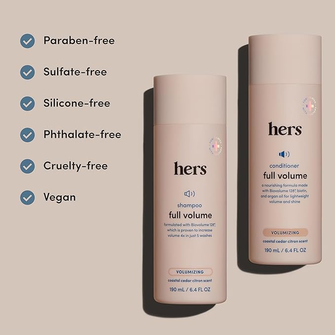 hers Full Volume Shampoo & Conditioner Set - Biovolume 128 & Biotin Formula - Volumizing, Shine-Boosting Hair Care - Paraben-Free - Coastal Cedar Citron Scent - 6.4 Fl Oz, 2 Count