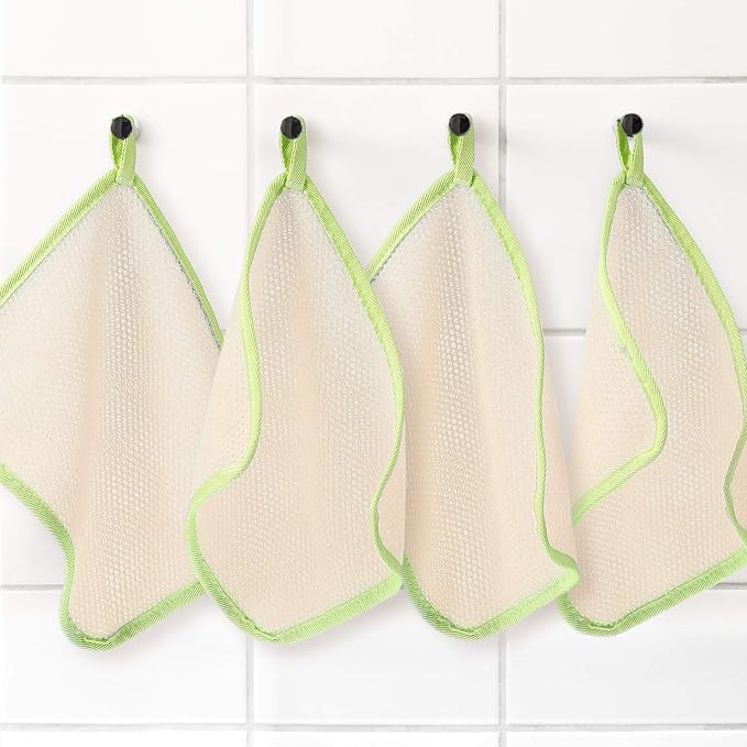 Tatuo 5 Pcs Exfoliating Face and Body Wash Cloths Towel Weave Bath Exfoliating Scrub Massage Bath Cloth for Women and Men, 10.23 x 8.66 Inch(Green Edge)