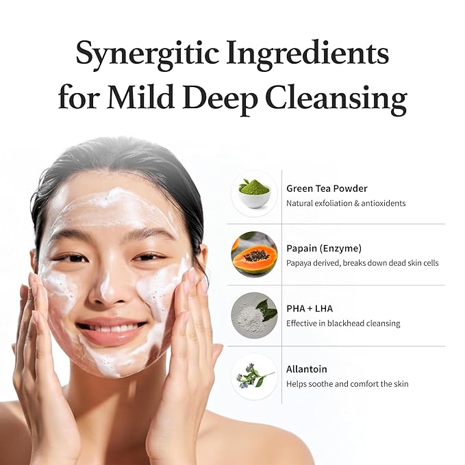 Enzyme Powder Face Wash, Powder to Foam Facial Cleanser with Matcha & Green Tea, Gentle Daily Exfoliating Cleanser for Sensitive Skin, Fragrance Free Korean Skincare, 1.76 Oz