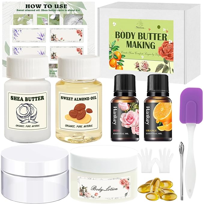 Thaluna Whipped Body Butter Making Kit for Dry Skin, DIY Solid Shea Butter Body Lotion Making Kit with Sweet Almond Oil, Vitamin E, Essential Oil - Moisturizing for Body Christmas Gifts for Women