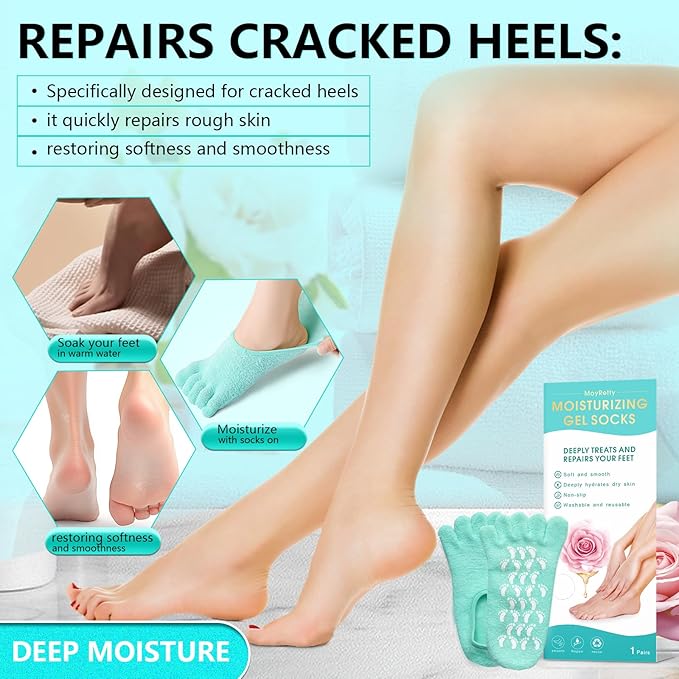 MoyRetty Moisturizing Silicone Gel Socks with 5-Toes, Dry Cracked Feet Treatment, gel socks for dry cracked feet women Lavender Oil Infused-Green