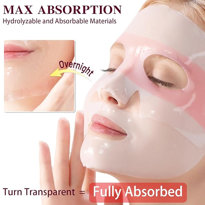 2-in-1 Collagen Face Mask with Integrated Eye Patches, Anti-Aging Overnight Hydrogel Mask for Glass Skin Glow, Red Ginseng & Peptides for Firming & Hydration, 4 Sheets (Pink)