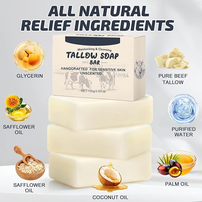 Beef Tallow Soap Bar, Natural Grass Fed Tallow Soap for Face Body Hand, Deep Cleansing, Moisturizing Facial Cleanser Body Wash, Organic Bath Soap Great for Dry, Itchy, Sensitive Skin - 3 Pack