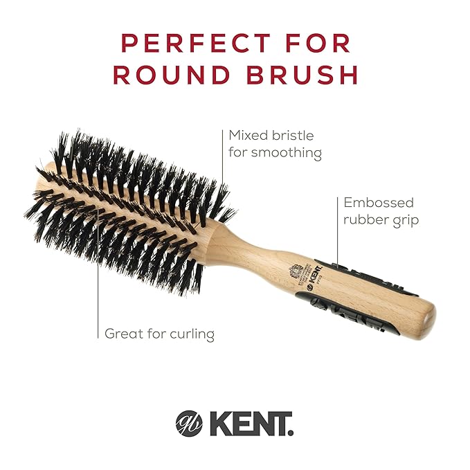 Kent PF03 Round Boar Bristle Hair Brush with Nylon Bristle Mix, Round HairBrush for Blow Drying and Blowout, for Shoulder Length or Short Hair, Rubber Antifatigue Handle