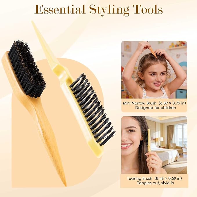 STYLEMATE 5PCS Slick Back Hair Brush Set, Soft Natural Boar Bristle Hair Brush for Thin & Fine Hair, Rat Tail Comb Edge Teasing Brushes Styling Tool Kit Accessories for Women Kid