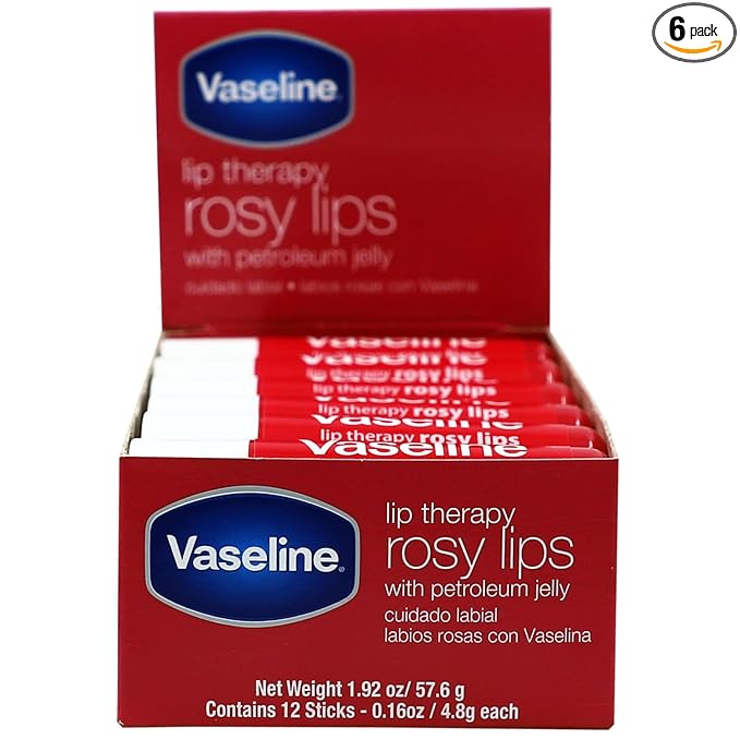 Vaseline Lip Rosy, Fast-Acting Nourishment, Ideal for Chapped, Dry, Cracked, or Damaged Lips, Lip Balm,12 Sticks, 1 Box (Pack of 6)