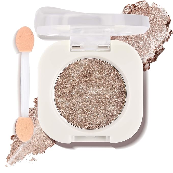 Champagne Pearl Glow Eyeshadow with Brush, Single Glitter Mini Eye shadow Palette, Silky Fine Subtle Shimmer for Old Women, Lightweight & Ultra-Blendable Formula for Daily Eye Glitter Makeup (#10)