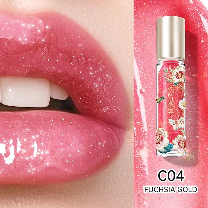 Catkin Lip Plumper Gloss, Tinted Lip Serum with Hyaluronic Acid & Jojoba Oil, Non-sticky Volumizing Hydrating Formula for a High Shine Maximum 3D Look, Plump & Soft Lips 0.12 Fl Oz - C04 Fuchsia Gold