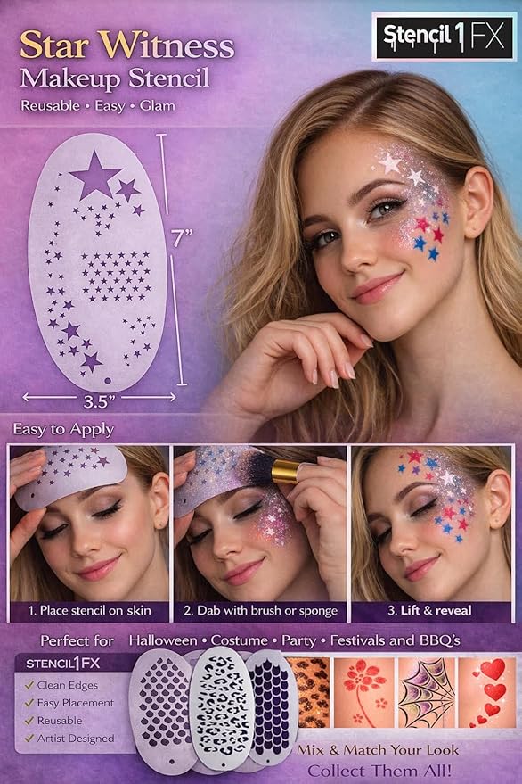 STENCIL1FX Star Witness Stencil Eye Makeup Stencil for Costumes, Dress Up, Halloween, Cosplay, Face Painting, Raves, Festivals, Parades, Parties
