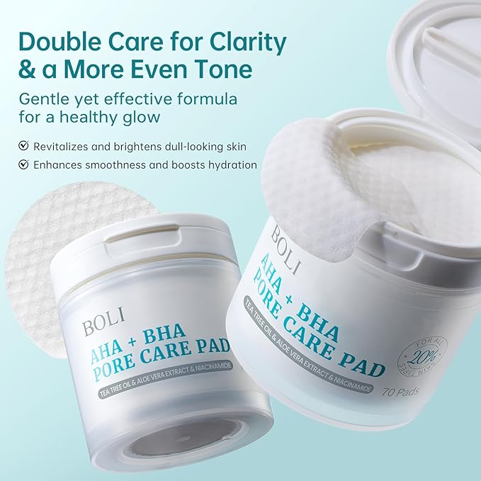 BOLI Cleansing Toner Pads, Salicylic Acid Mild Exfoliating Facial Pads, Pore Reducing with Tea Tree Oil, Niacinamide, Wihch Hazel (70 Units)