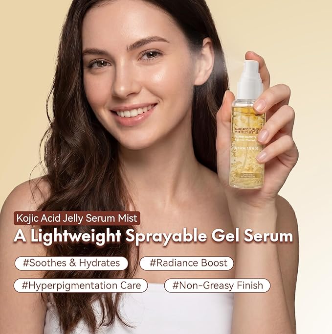 Jelly Serum Mist with Kojic Acid & Turmeric, 3-in-1 Hydrating Face Glow Spray with Turmeric, Vitamin C & Hyaluronic Acid, Sprayable Hydrogel for Even Tone, All Skin Types, 3.38 fl.oz