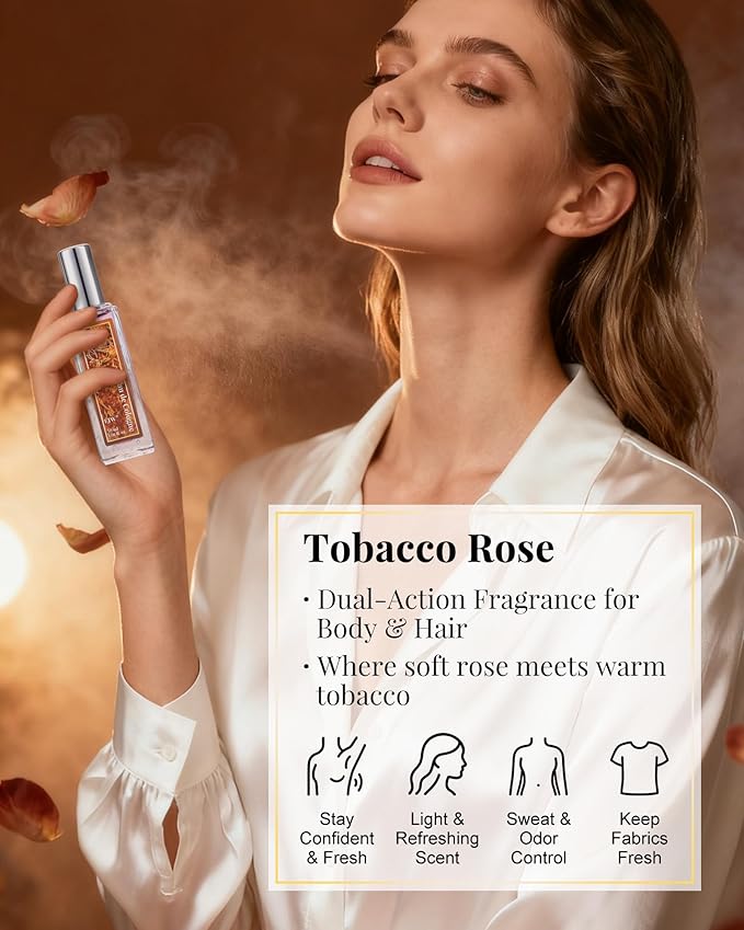 EJW Tobacco Rose Body Spray for Women | Warm Floral Hair Perfume & Body Mist, Alcohol-Free Long-Lasting Fragrance with Aloe & Collagen, 1.01 fl oz (Tobacco Rose)