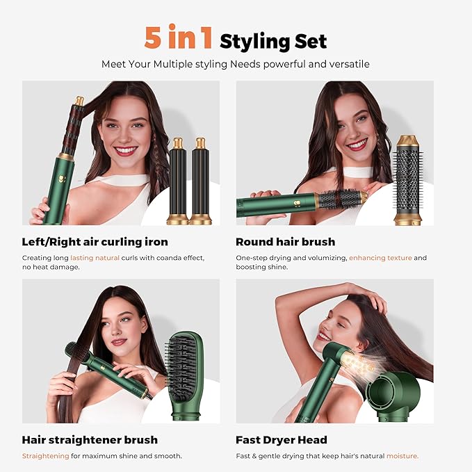 Blow Dryer Brush Set 5 in 1, Hot Air Styler Negative Ion Air Curling Wrap Air Curler Low Heat Hair Care, Round Brush Blow Dryer Hair Styling Tools Gift for Dry,Volumize,Straight,Curl, 110-120V