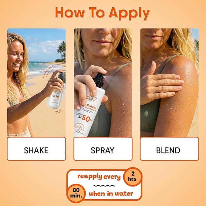 Aravi Organic 100% Mineral Sunscreen Spray Mist SPF 50 | Broad Spectrum | Water Resistant 80 Mi | Lightweight, No White Cast | Reef Safe + Oxybenzone Free | Zinc Oxide & Titanium Dioxide | 3.3 fl oz