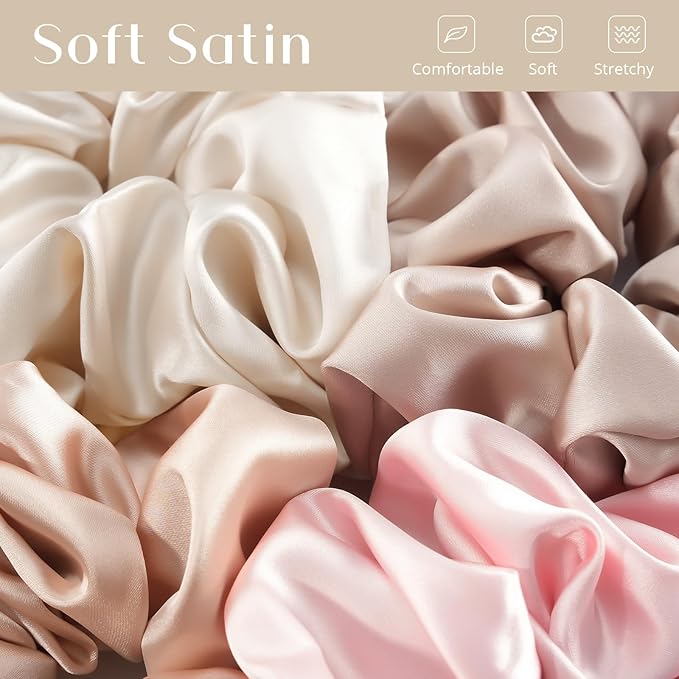Lolalet Big Satin Scrunchies for Women, 5.9 Inch Large Oversized Scrunchie, Soft Jumbo/Giant Scrunchies Hair Ties for Thick & Curly Hair -4 Pack, Light Caramel/Champagne/Pink/Khaki