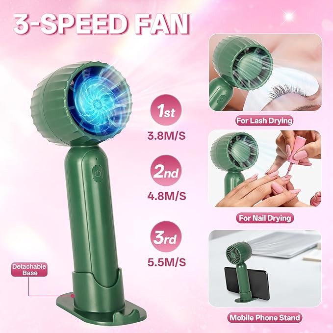 Buqikma Lash Cleaning Kit - Lash Shampoo 60ML with Rechargeable Handheld Fan Dryer, Mascara Brush, Rinse Bottle, Makeup Cleansing Foam for Eyelash Extension Care, Green