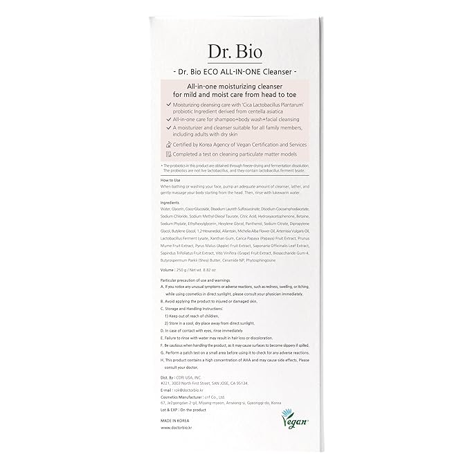 Dr.Bio Eco All-in-One Cleanser, Face & Body Wash for Sensitive Skin with Ceramide, Probiotics & Cica, Vegan, Fragrance-Free, Mild Gentle Hydrating Cleanser, Hypoallergenic Korean Skincare