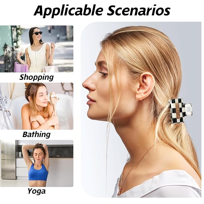 4Pcs Checkered Hair Claw Clips, Non-Slip Hair Jaw Clips for Thick, Thin, Curly, Straight, Long Hair, Simple Style Black and White Square Claw Clips, Women's Hair Accessories