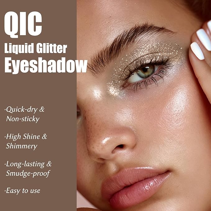 QIC Liquid Glitter Eyeshadow, Metallic & Shimmer Finish, Long Lasting, Non-Creasing, Smudge-proof, Lightweight Formula Liquid Eyeshadow for All Skin Tones, Buildable Color (03 Desert)