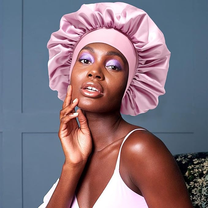 Satin Bonnet with 3PCS Hair Scrunchies for Women Tie Band Hair Bonnet Large 2 Layered Silk Sleeping Cap Nightcap for Sleeping (Pink with Bonus 3 Hair Scrunchies)