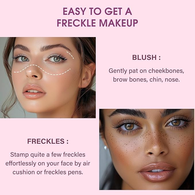 MARBUROLY Natural Freckle Purple Blush Makeup Kit- Liquid Fake Freckle Air Cushion, 2 Colors Freckle Pen, Powder Cushion Blush, Waterproof Long Lasting Freckles Marker for Cheek