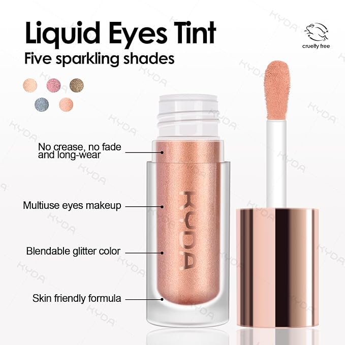 KYDA Liquid Glitter Eyeshadow, High Pigment Rose Gold Metallic Glittery Eyeshadow, Soft Lightweight Creamy Formula, One-Swipe Coverage, Long-wearing Crease-Resistant Eyes Glitter Makeup, 0.25oz