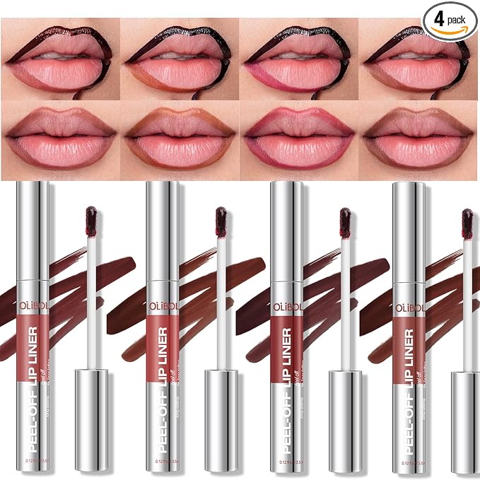 4Pcs Peel Off Lip Liner Stain Set - Long-Lasting, Smudge-Proof, Waterproof Nude Matte Lip Tint, Non-Fading Peel Off Brown Lip Line Color, Effortless Precision & Full Coverage, Overline Lip Combo